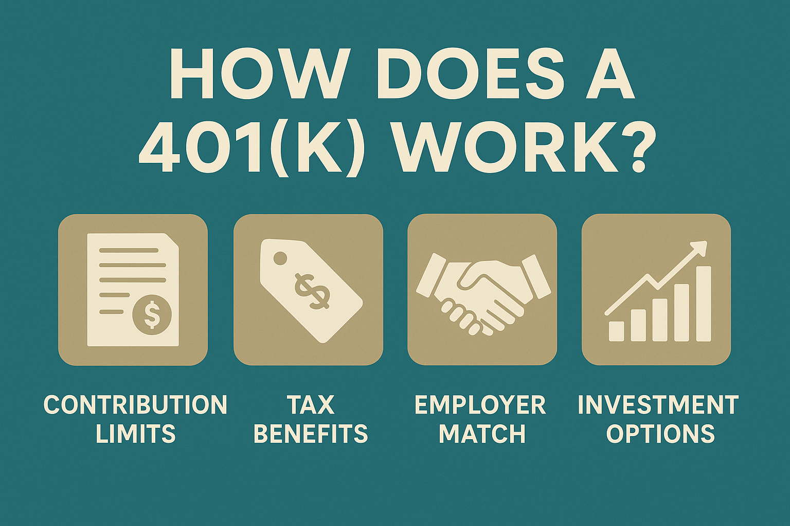 "Infographic titled 'How Does a 401(k) Work?' featuring four labeled icons: Contribution Limits (document icon), Tax Benefits (price tag icon), Employer Match (handshake icon), and Investment Options (bar chart with upward arrow), all on a teal background."