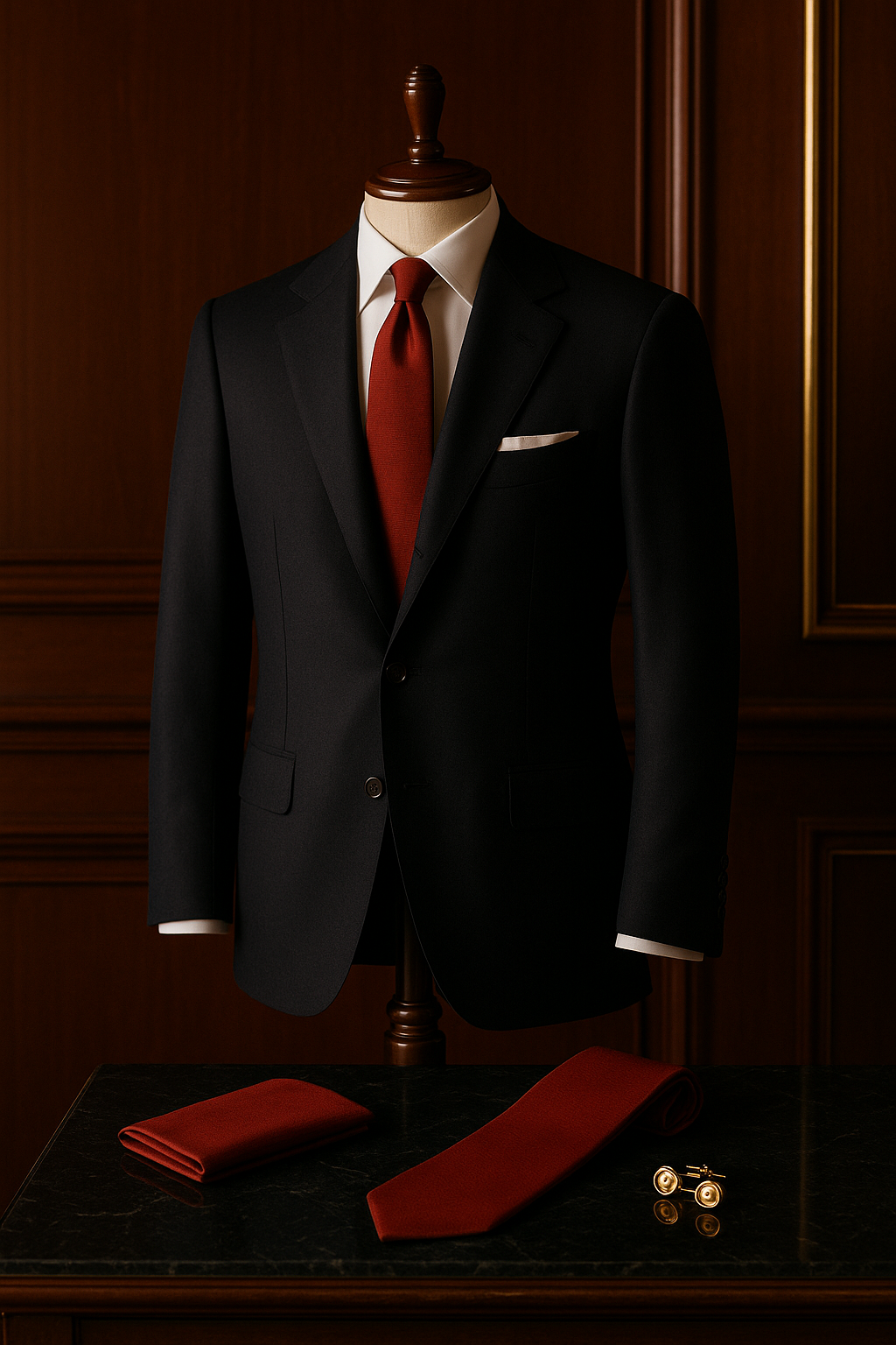 Brooks Brothers suit and accessories arranged in an old-money style dressing room with mahogany panels and gold accents.