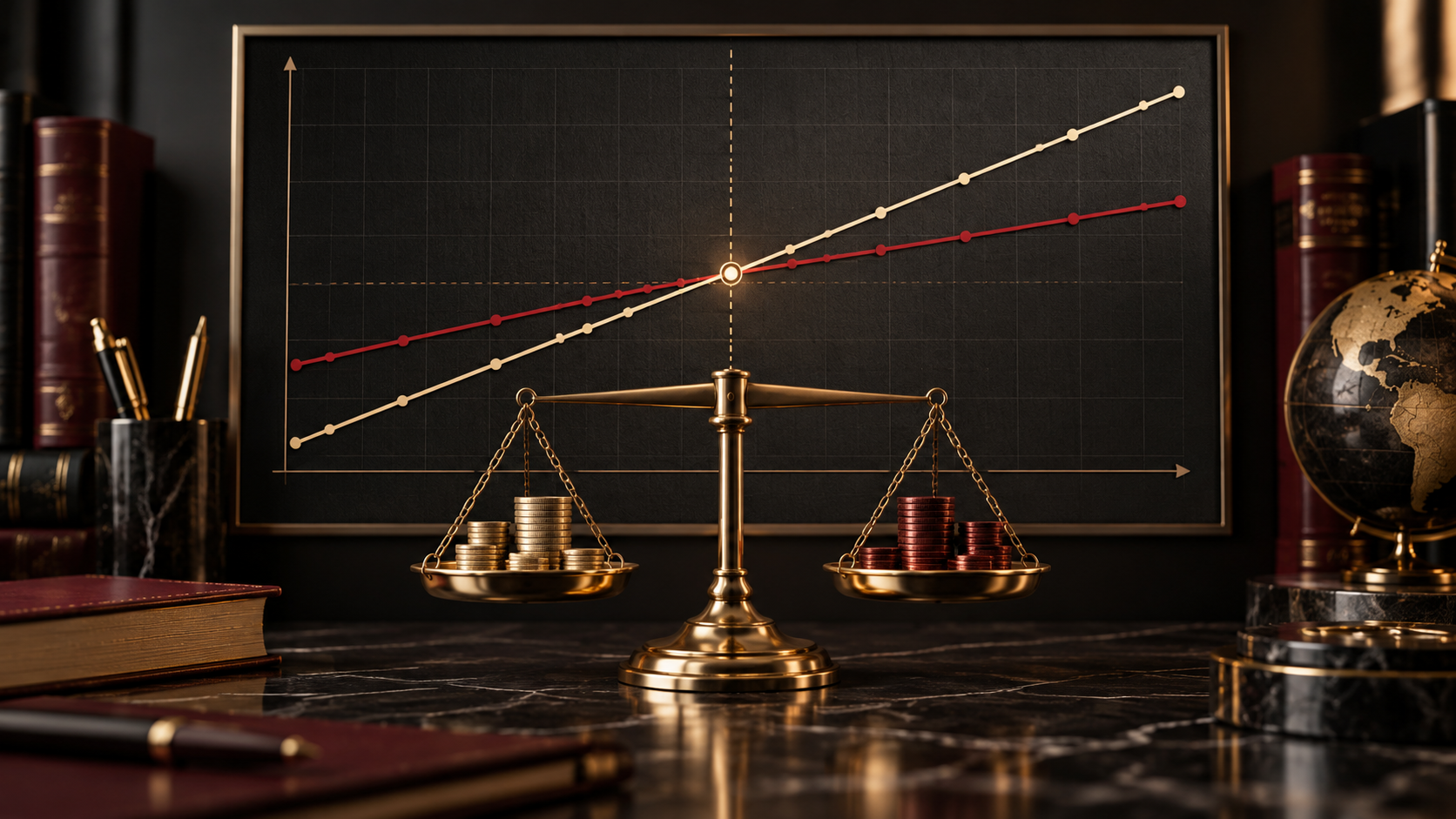 Break-even analysis illustrated by intersecting revenue and cost lines with a balance scale