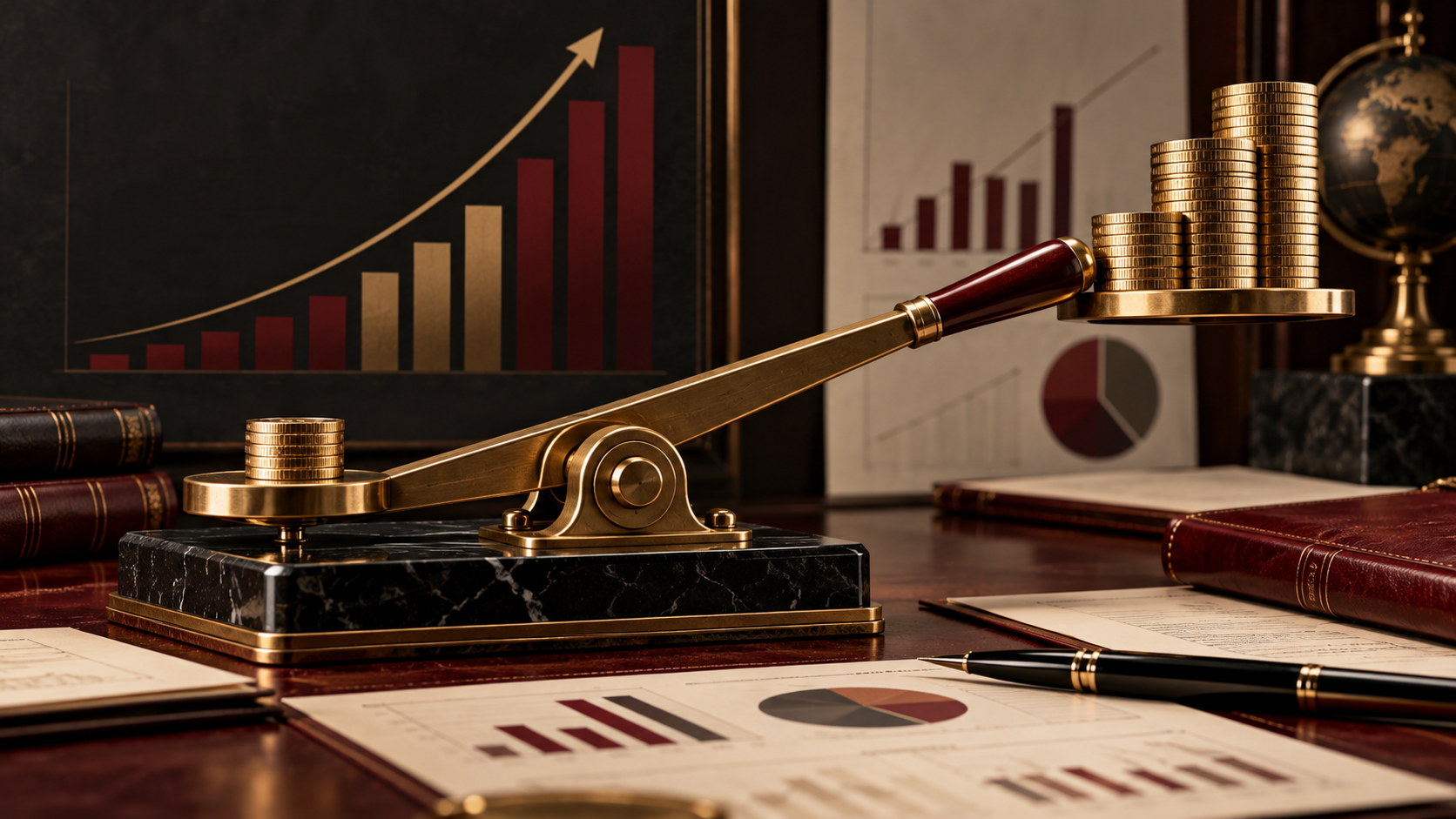 Operating leverage illustrated by a brass lever amplifying sales into operating profit